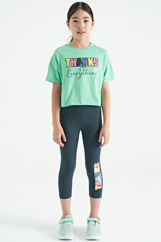Forest Green - Oversize Printed Girl's Crop Tights Set with Forest Green Writing - 75133