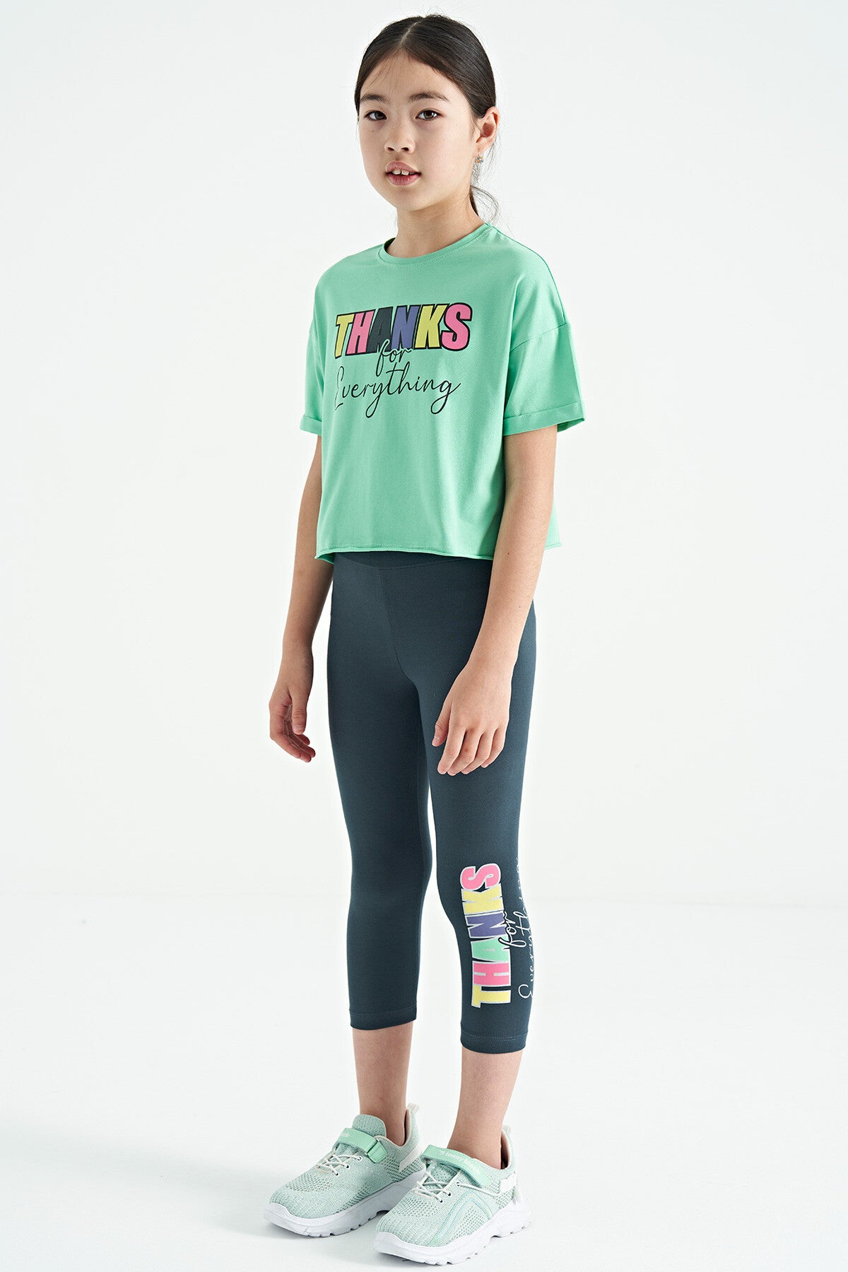 Forest Green - Oversize Printed Girl's Crop Tights Set with Forest Green Writing - 75133