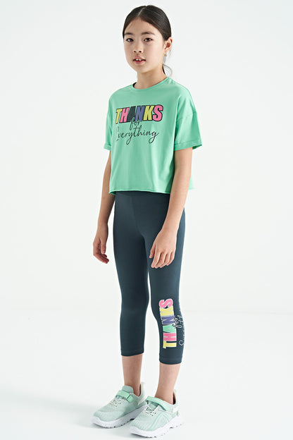 Forest Green - Oversize Printed Girl's Crop Tights Set with Forest Green Writing - 75133