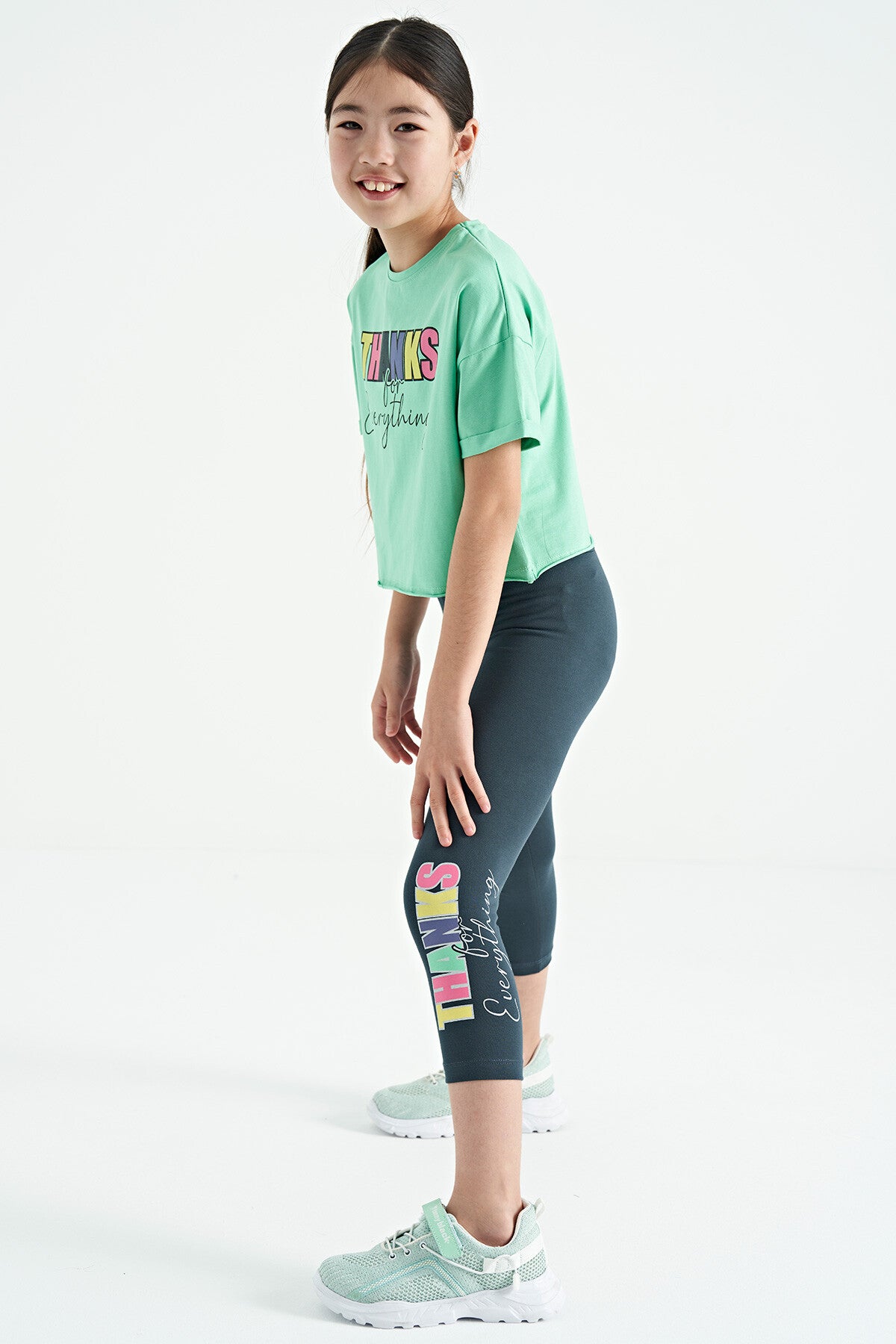 Forest Green - Oversize Printed Girl's Crop Tights Set with Forest Green Writing - 75133