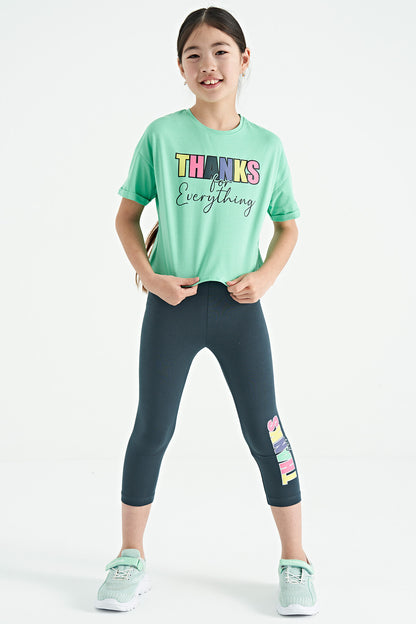 Forest Green - Oversize Printed Girl's Crop Tights Set with Forest Green Writing - 75133