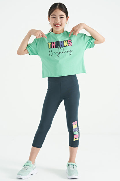 Forest Green - Oversize Printed Girl's Crop Tights Set with Forest Green Writing - 75133