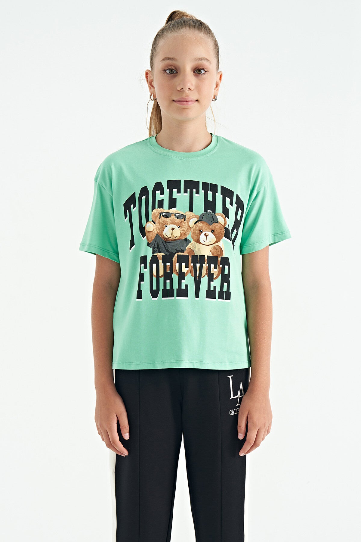 Green Bear Print O Collar Oversize Short Sleeve Girls' T-Shirt - 75116
