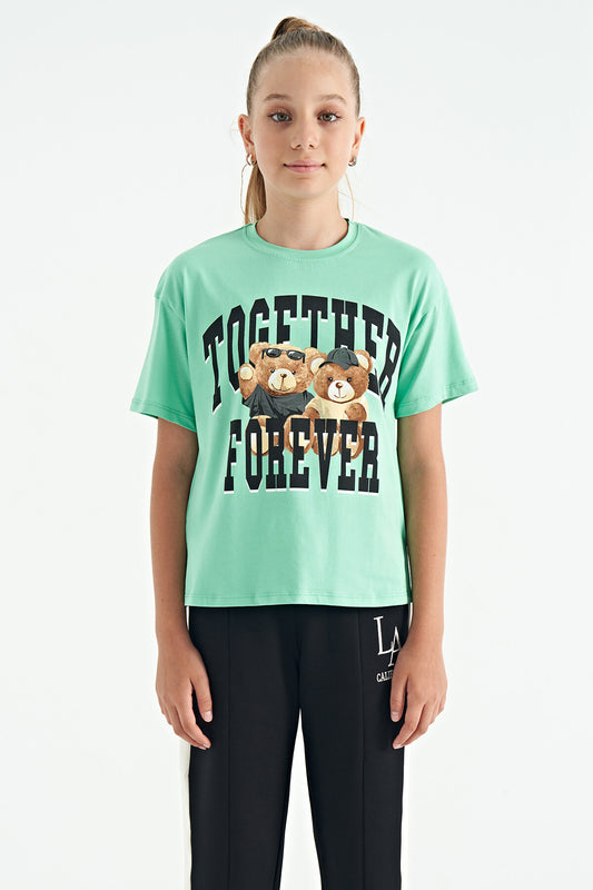 Green Bear Print O Collar Oversize Short Sleeve Girls' T-Shirt - 75116