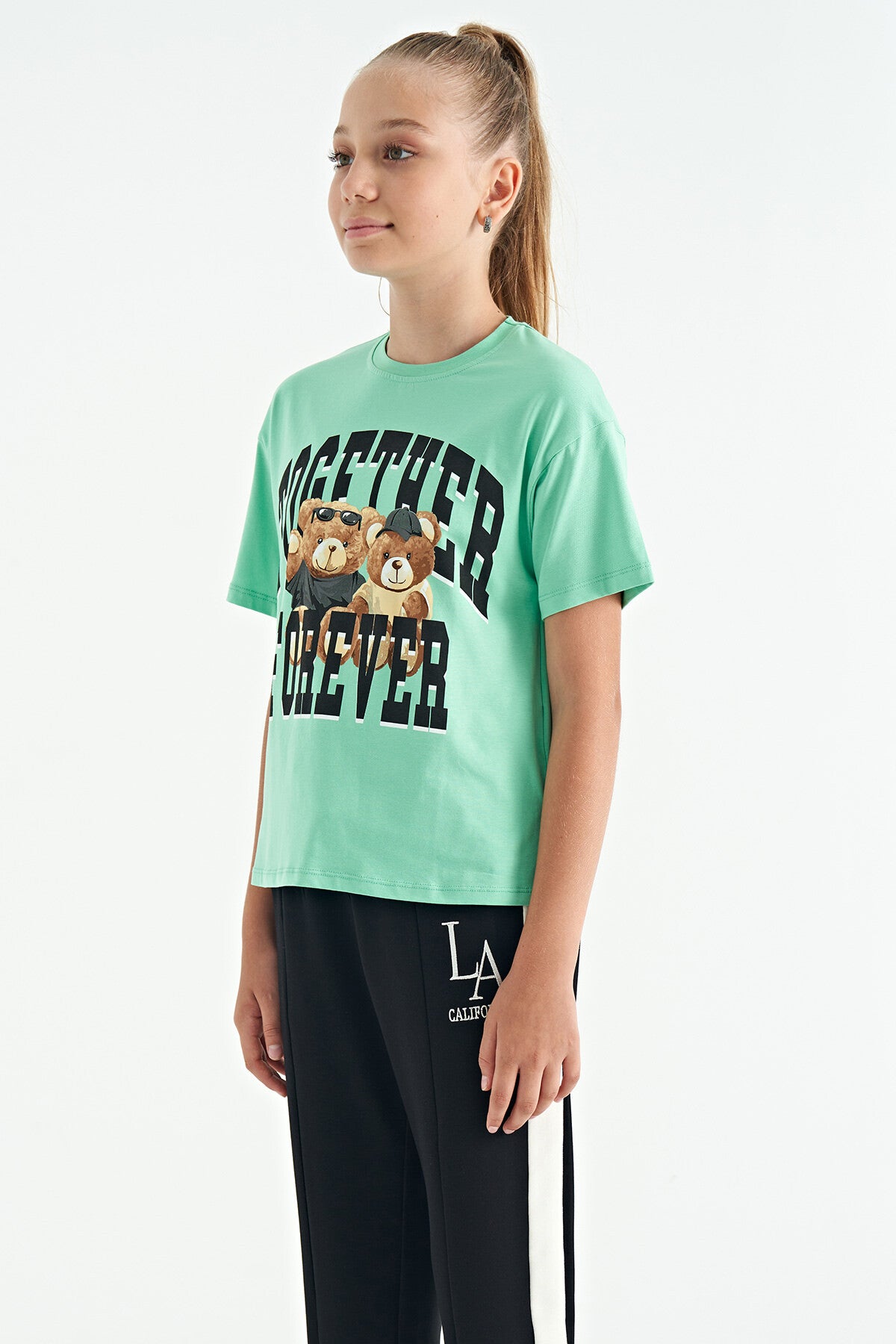 Green Bear Print O Collar Oversize Short Sleeve Girls' T-Shirt - 75116