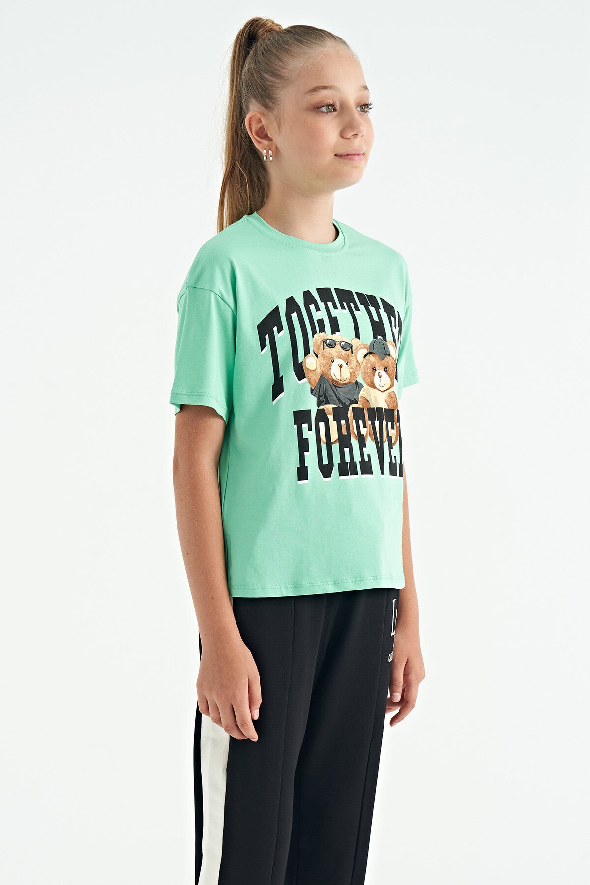 Green Bear Print O Collar Oversize Short Sleeve Girls' T-Shirt - 75116