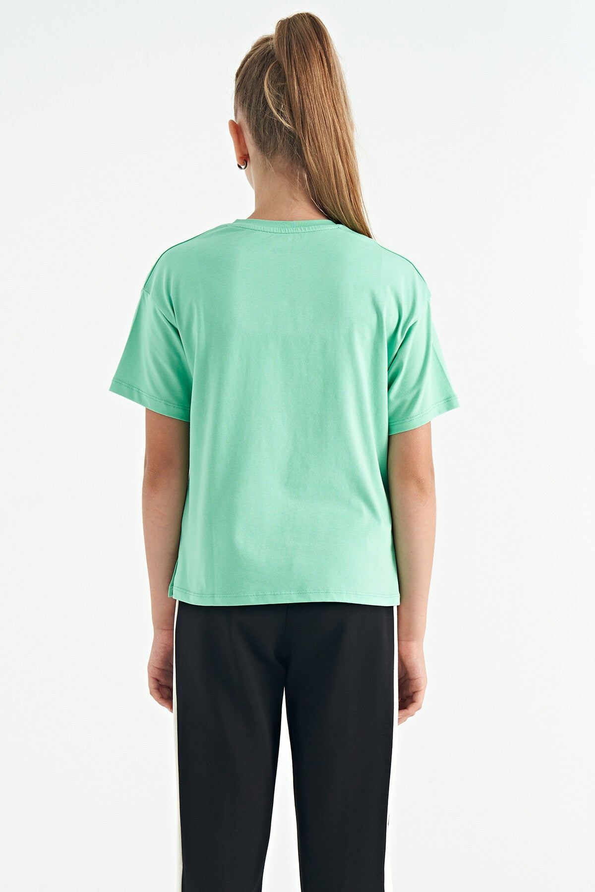 Green Bear Print O Collar Oversize Short Sleeve Girls' T-Shirt - 75116