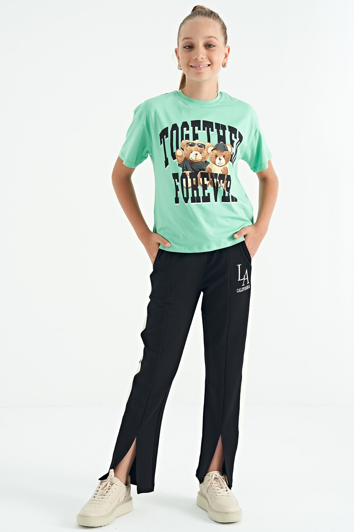 Green Bear Print O Collar Oversize Short Sleeve Girls' T-Shirt - 75116