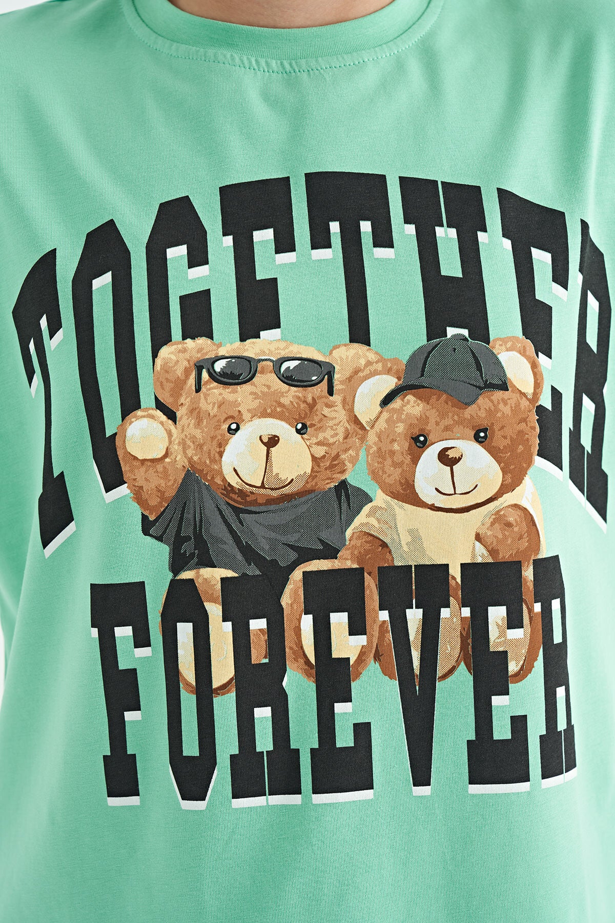 Green Bear Print O Collar Oversize Short Sleeve Girls' T-Shirt - 75116