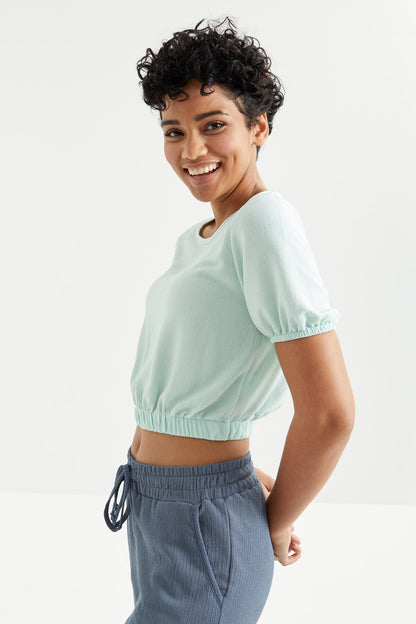 Light Green Balloon Sleeve Collar Elastic Waist Crinkle Fabric Women's Crop Top T-Shirt - 97221
