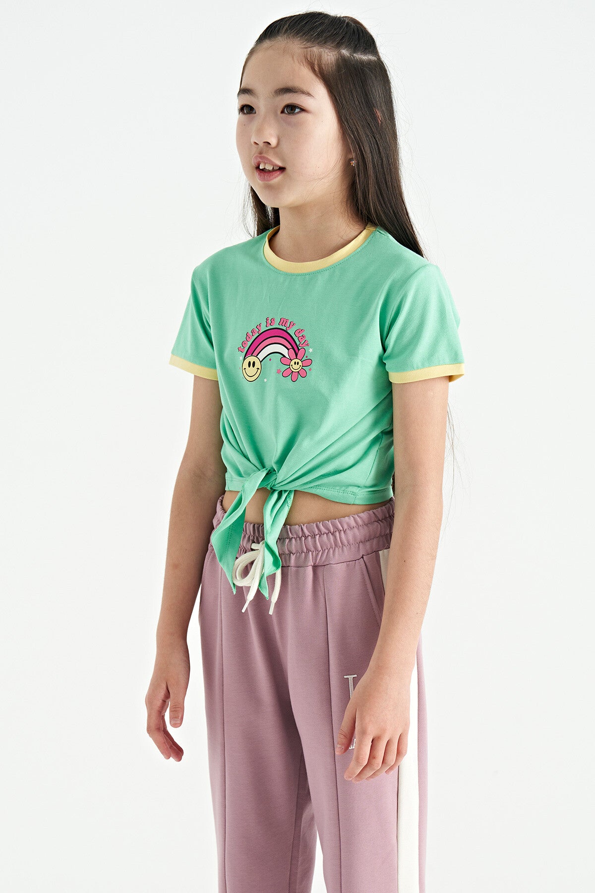 Olive Green Print Detailed O Neck Multi-Colored Tie Detailed Girl's T-Shirt - 75113
