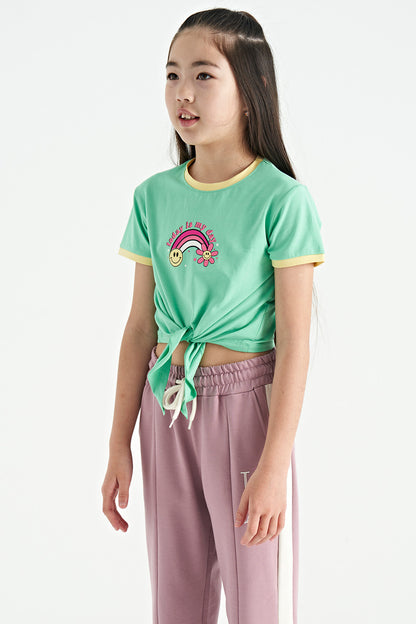 Olive Green Print Detailed O Neck Multi-Colored Tie Detailed Girl's T-Shirt - 75113