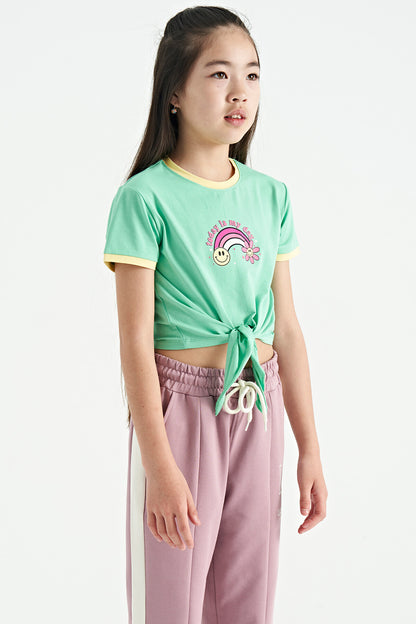 Olive Green Print Detailed O Neck Multi-Colored Tie Detailed Girl's T-Shirt - 75113