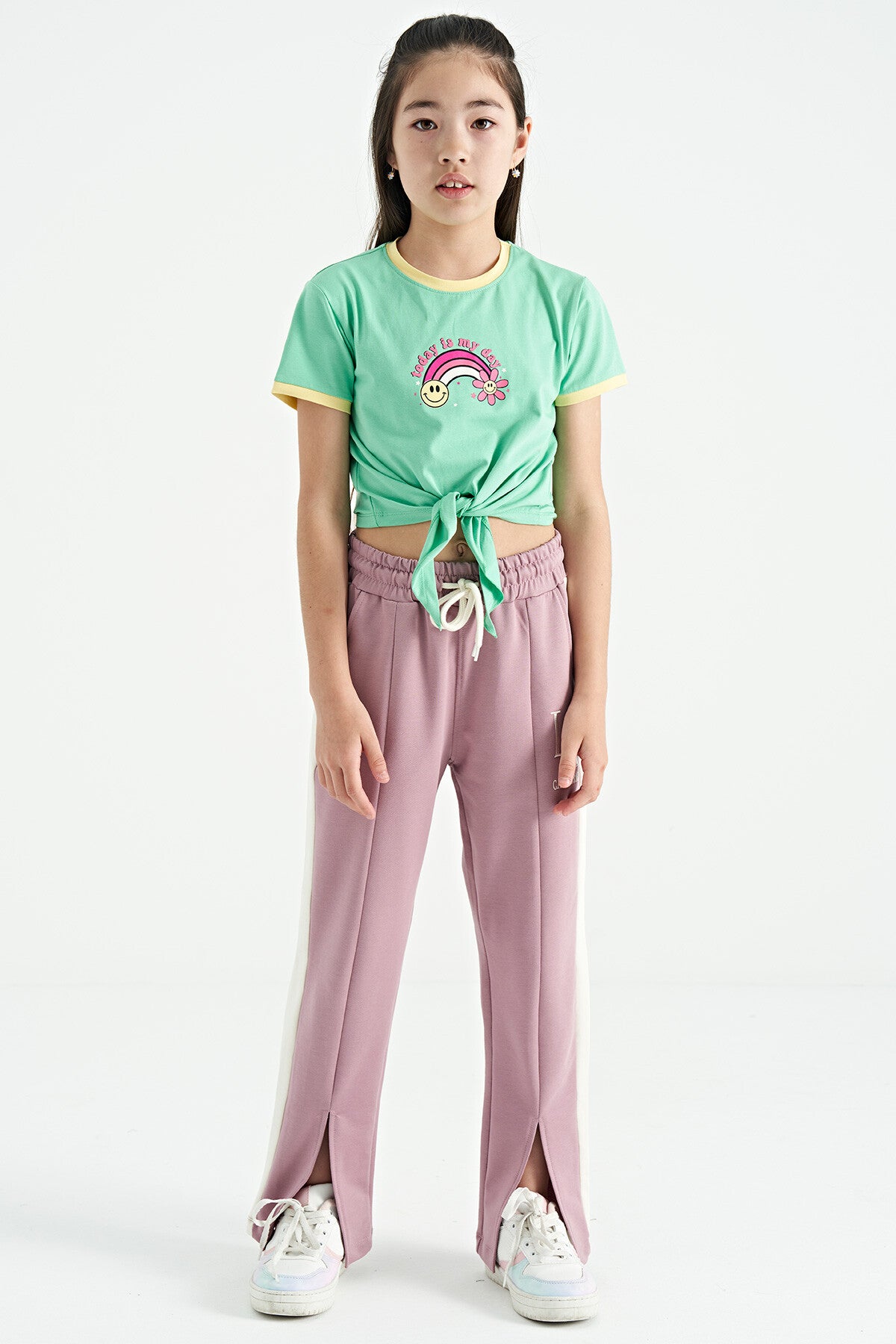 Olive Green Print Detailed O Neck Multi-Colored Tie Detailed Girl's T-Shirt - 75113