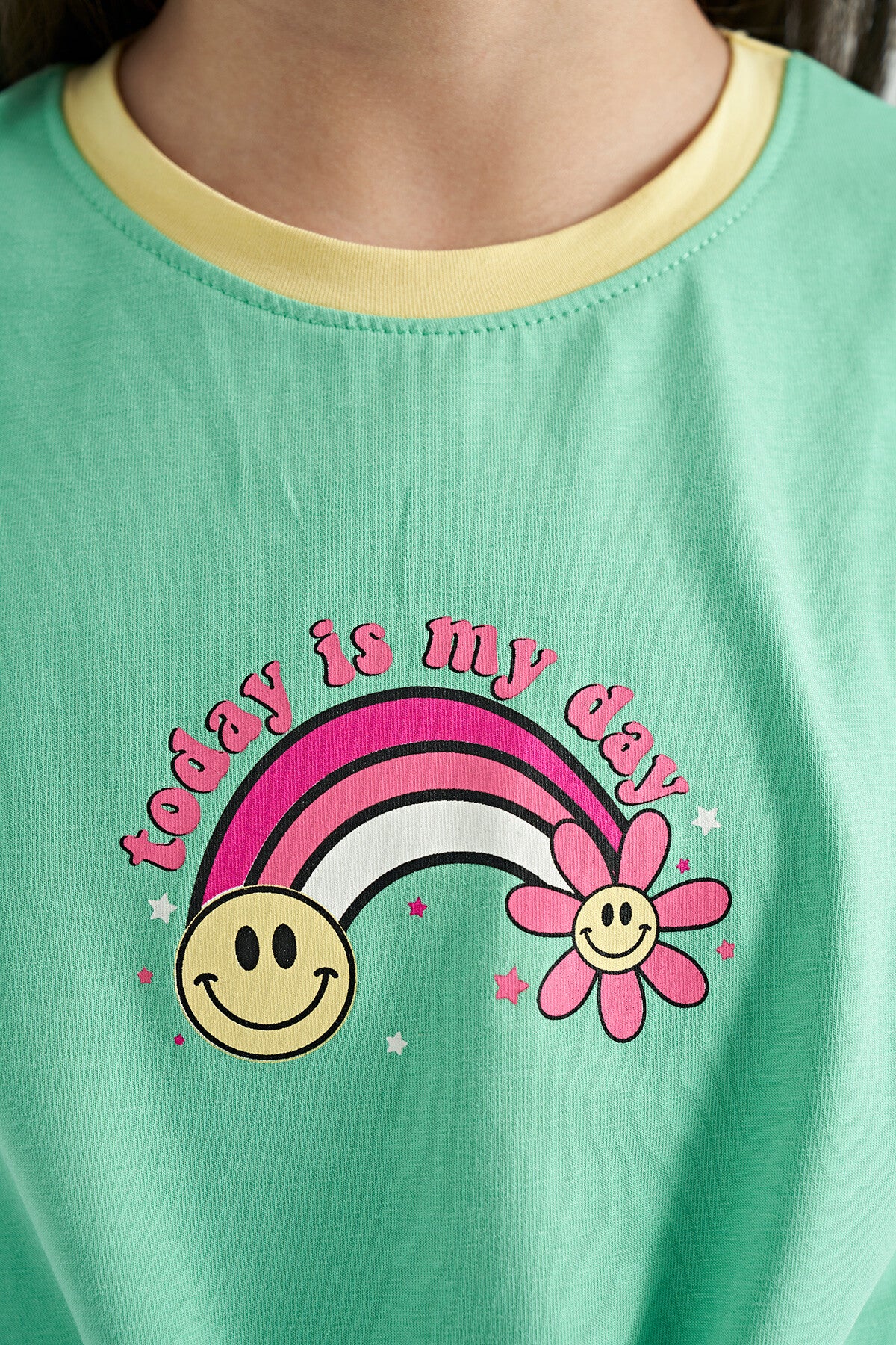 Olive Green Print Detailed O Neck Multi-Colored Tie Detailed Girl's T-Shirt - 75113