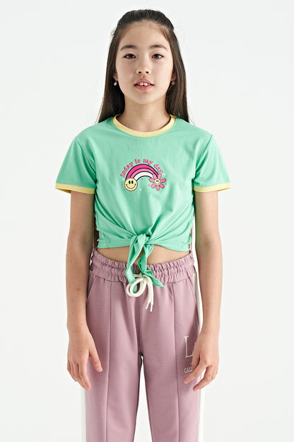 Olive Green Print Detailed O Neck Multi-Colored Tie Detailed Girl's T-Shirt - 75113