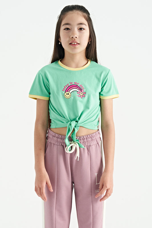 Olive Green Print Detailed O Neck Multi-Colored Tie Detailed Girl's T-Shirt - 75113