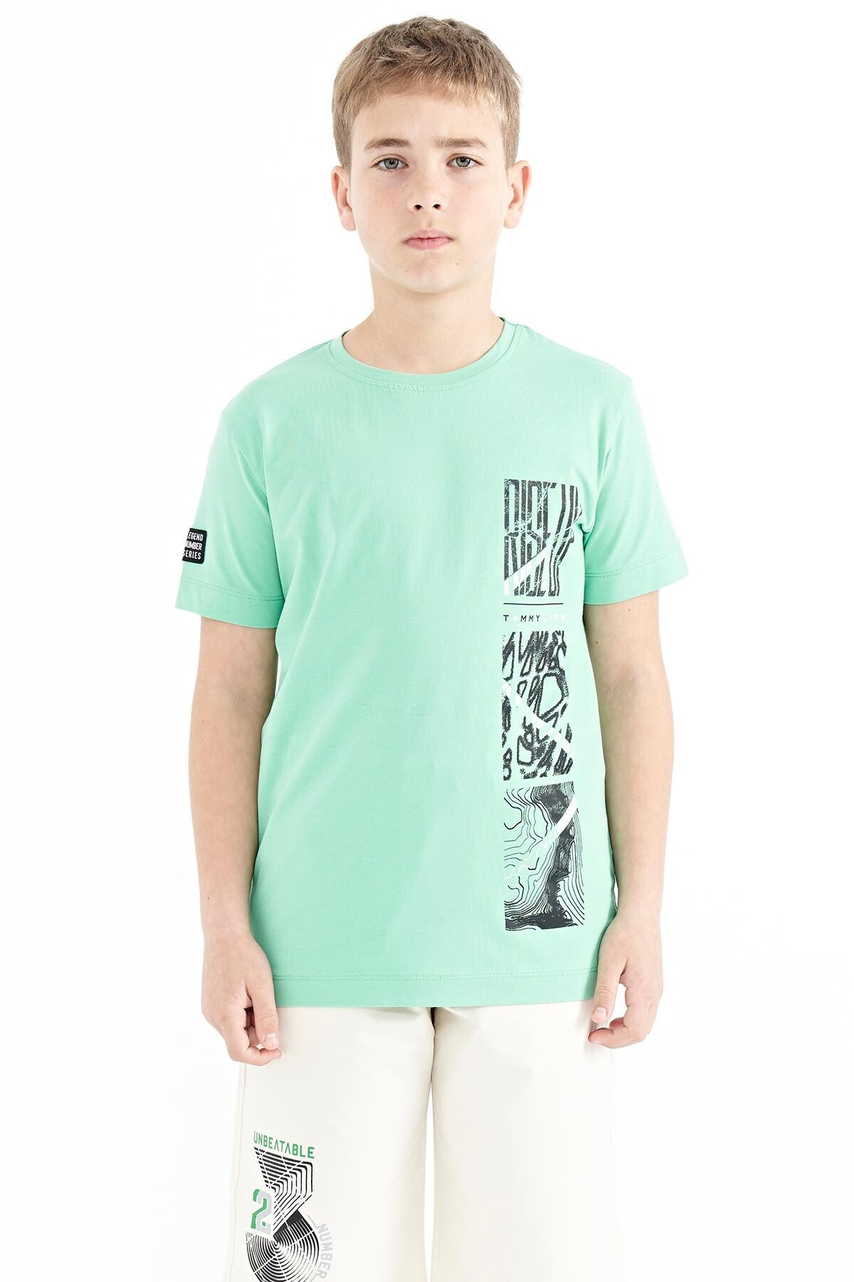 Forest Green Print Detailed O Collar Standard Fit Boys T-Shirt - 11104