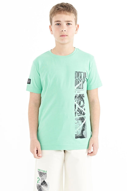 Forest Green Print Detailed O Collar Standard Fit Boys T-Shirt - 11104