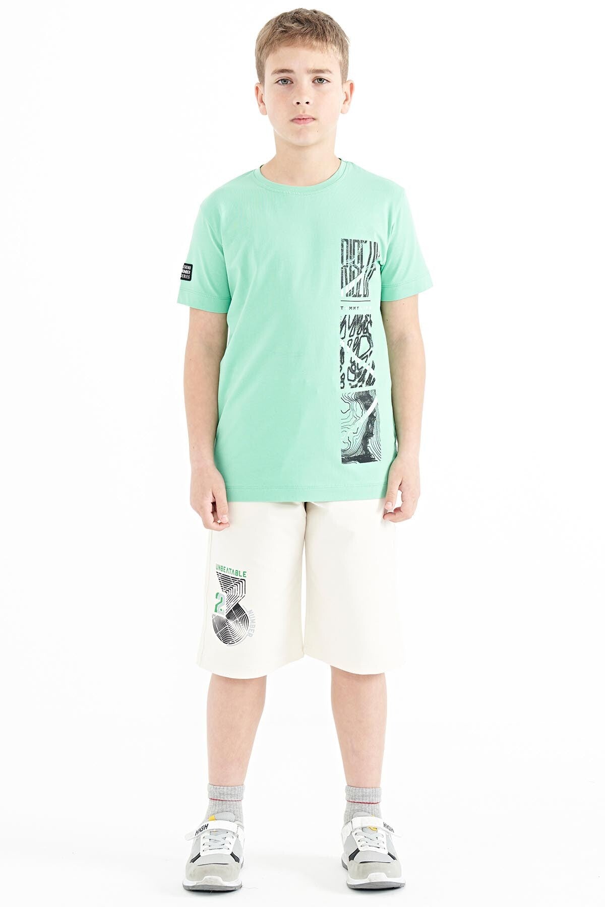 Forest Green Print Detailed O Collar Standard Fit Boys T-Shirt - 11104