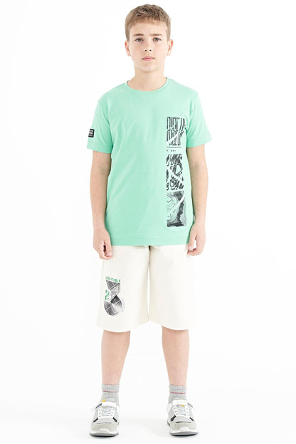 Forest Green Print Detailed O Collar Standard Fit Boys T-Shirt - 11104