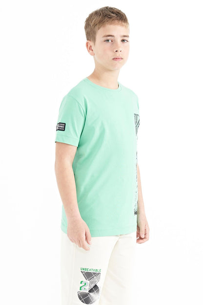 Forest Green Print Detailed O Collar Standard Fit Boys T-Shirt - 11104