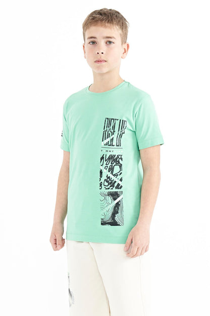 Forest Green Print Detailed O Collar Standard Fit Boys T-Shirt - 11104