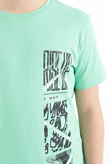Forest Green Print Detailed O Collar Standard Fit Boys T-Shirt - 11104