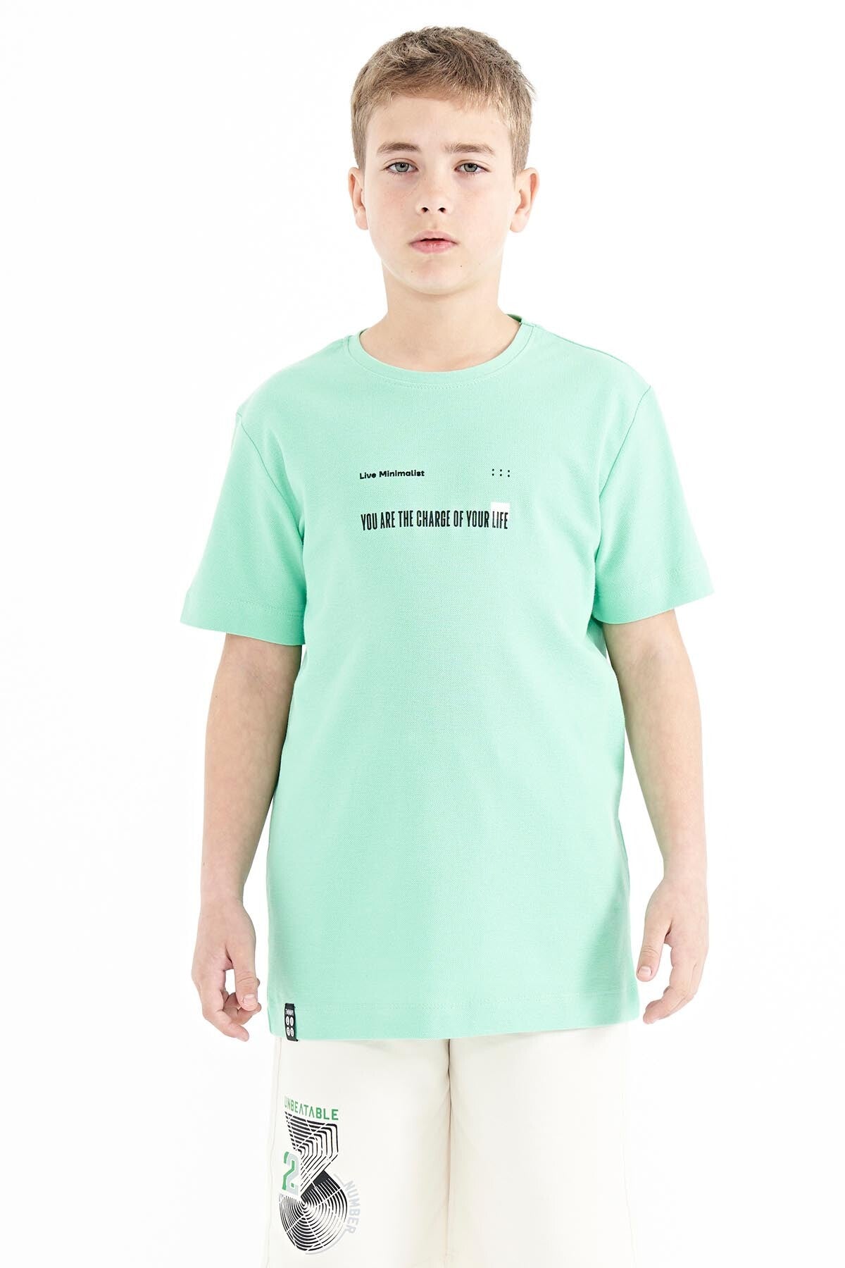 Forest Green Print Detailed O Collar Standard Fit Men's Kids T-Shirt - 11117