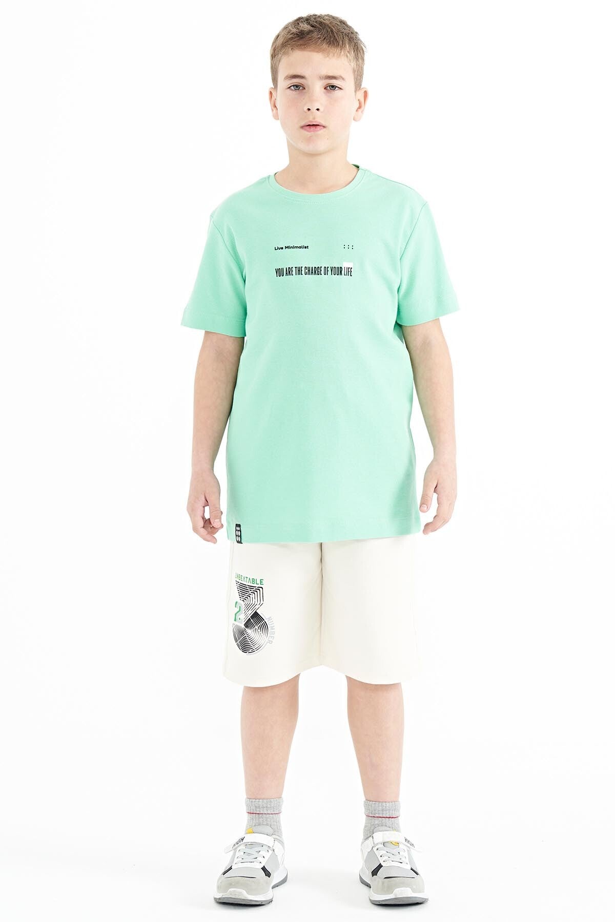 Forest Green Print Detailed O Collar Standard Fit Men's Kids T-Shirt - 11117