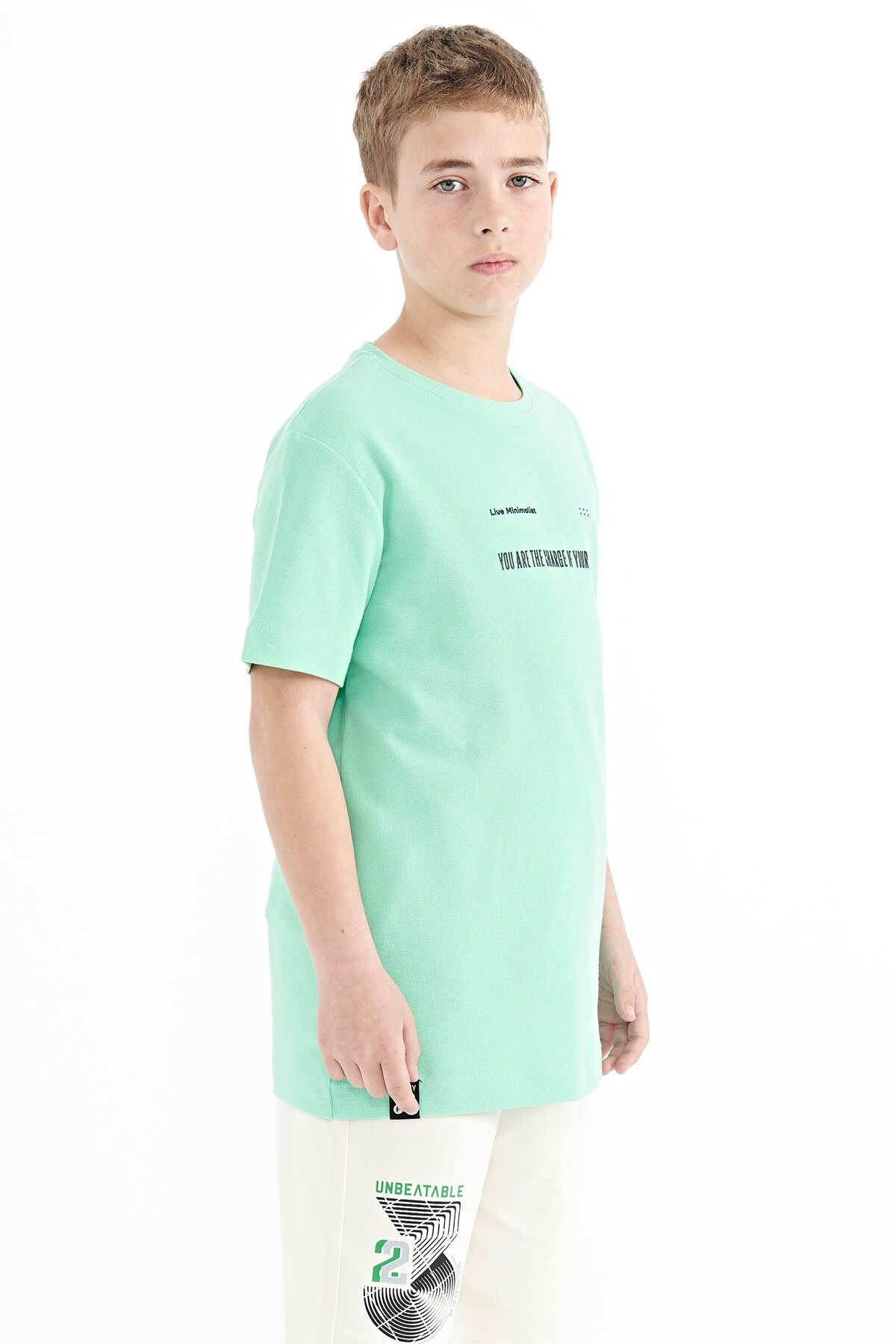 Forest Green Print Detailed O Collar Standard Fit Men's Kids T-Shirt - 11117