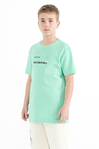 Forest Green Print Detailed O Collar Standard Fit Men's Kids T-Shirt - 11117