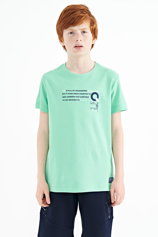 Olive Green Print Detailed O Collar Standard Fit Boys T-Shirt - 11145