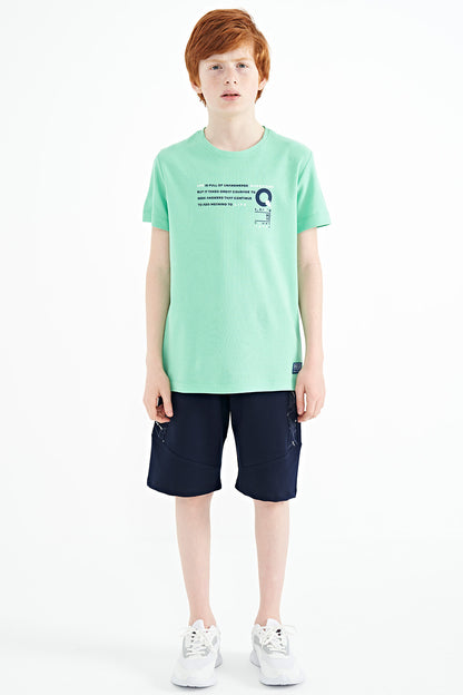 Olive Green Print Detailed O Collar Standard Fit Boys T-Shirt - 11145