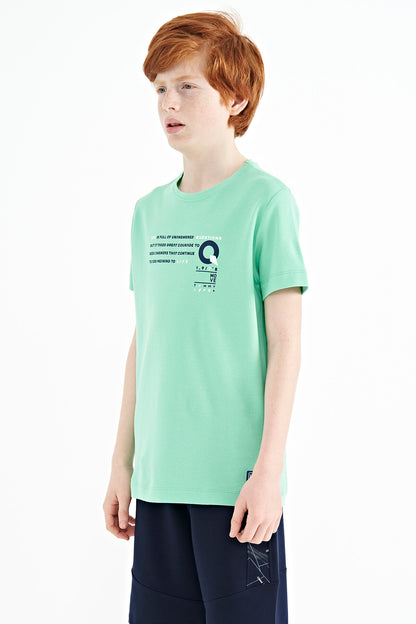 Olive Green Print Detailed O Collar Standard Fit Boys T-Shirt - 11145