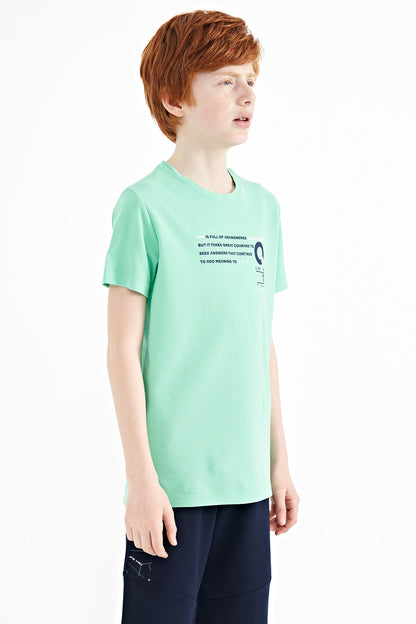 Olive Green Print Detailed O Collar Standard Fit Boys T-Shirt - 11145