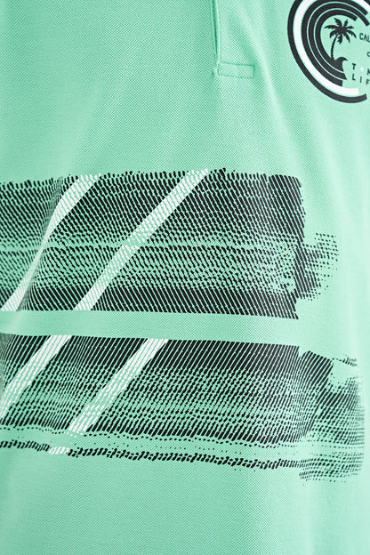 Olive Green Print Detailed Polo Collar Standard Fit Boys T-Shirt - 11094