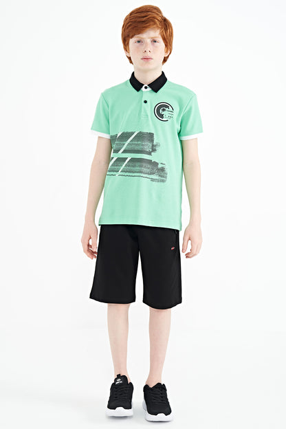 Olive Green Print Detailed Polo Collar Standard Fit Boys T-Shirt - 11094
