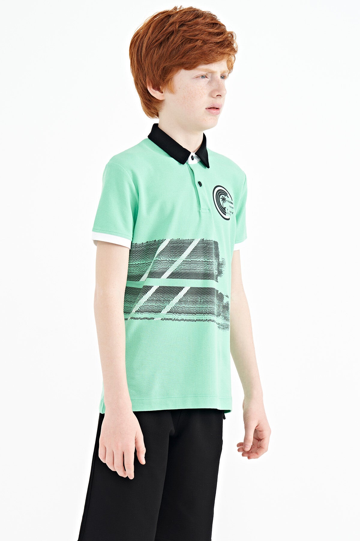 Olive Green Print Detailed Polo Collar Standard Fit Boys T-Shirt - 11094
