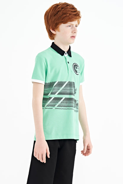 Olive Green Print Detailed Polo Collar Standard Fit Boys T-Shirt - 11094