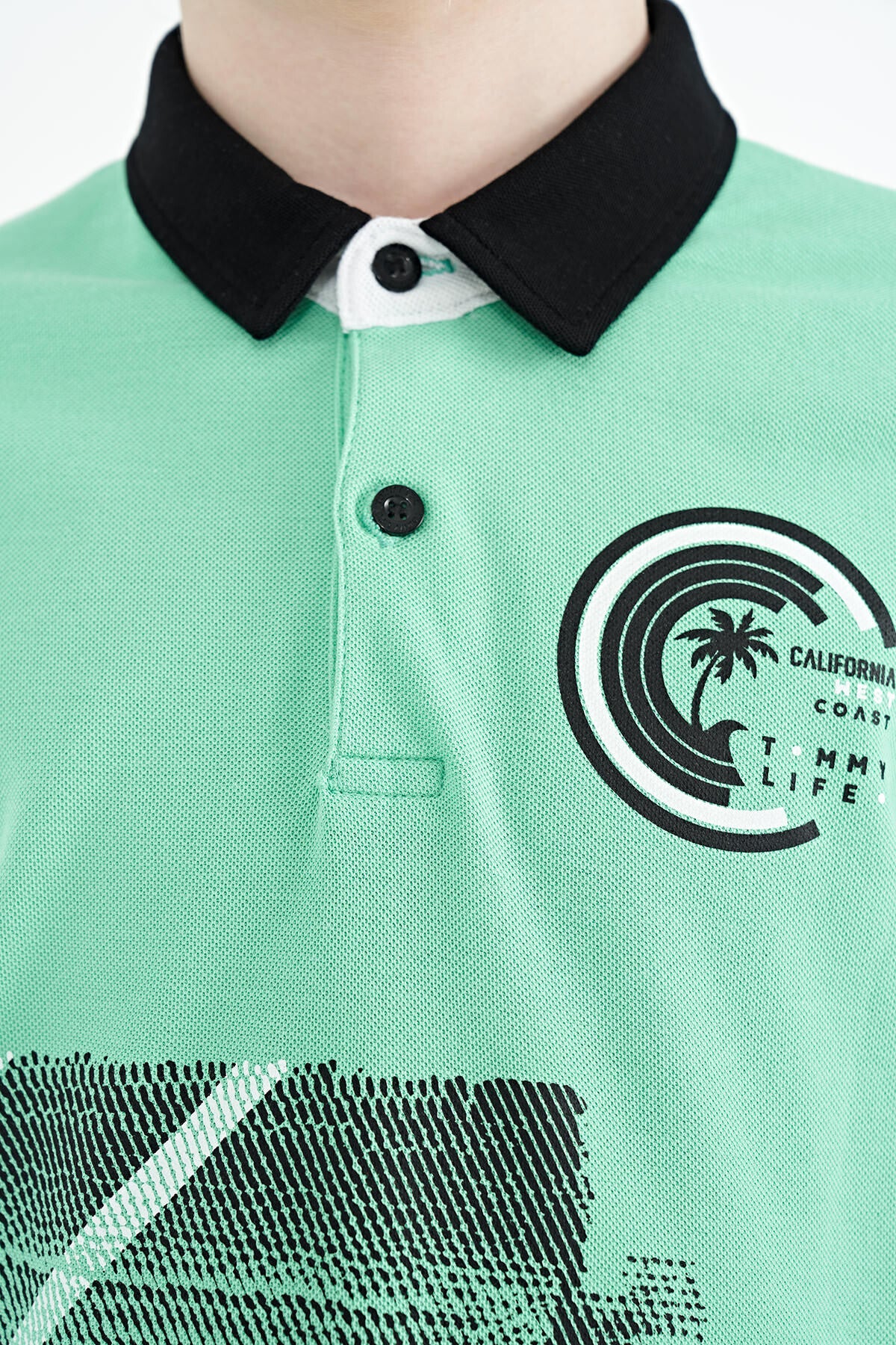 Olive Green Print Detailed Polo Collar Standard Fit Boys T-Shirt - 11094