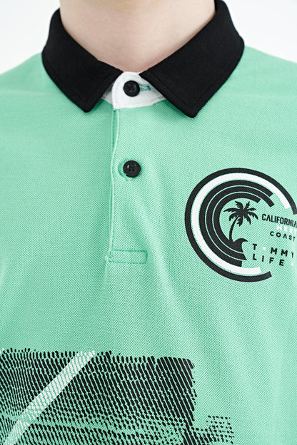 Olive Green Print Detailed Polo Collar Standard Fit Boys T-Shirt - 11094