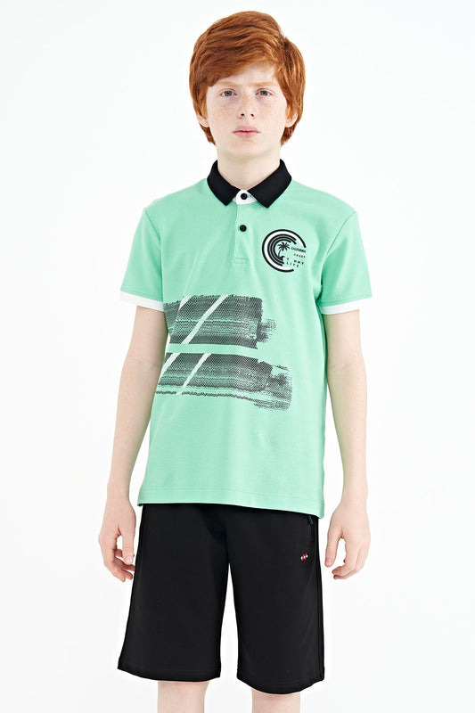 Olive Green Print Detailed Polo Collar Standard Fit Boys T-Shirt - 11094