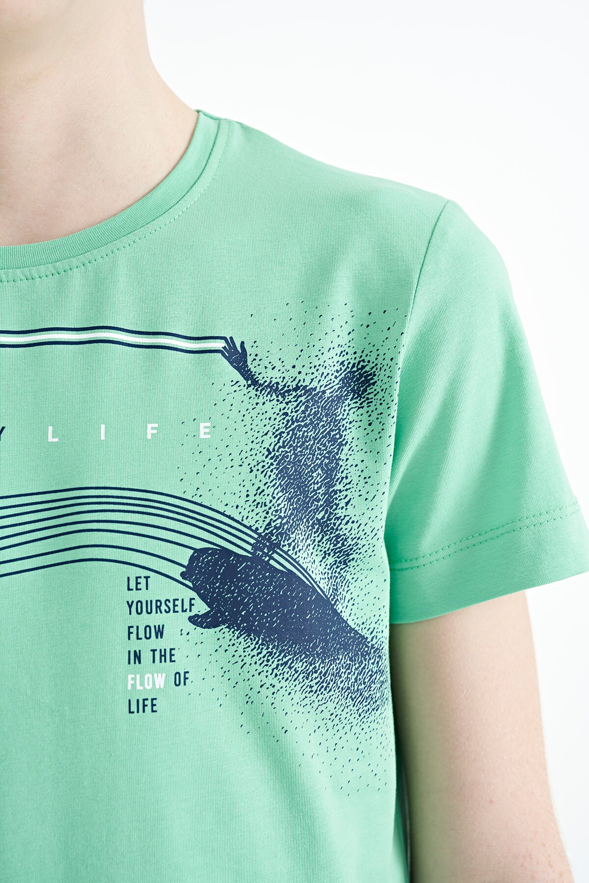 Mint Green Print Detailed Standard Mold O Collar Boys T-Shirt - 11133