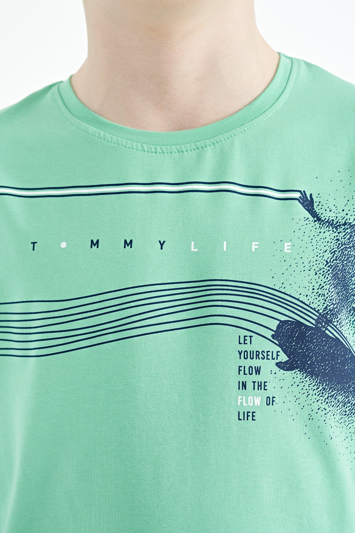 Mint Green Print Detailed Standard Mold O Collar Boys T-Shirt - 11133