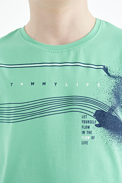 Mint Green Print Detailed Standard Mold O Collar Boys T-Shirt - 11133
