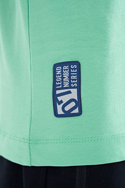 Mint Green Print Detailed Standard Mold O Collar Boys T-Shirt - 11133