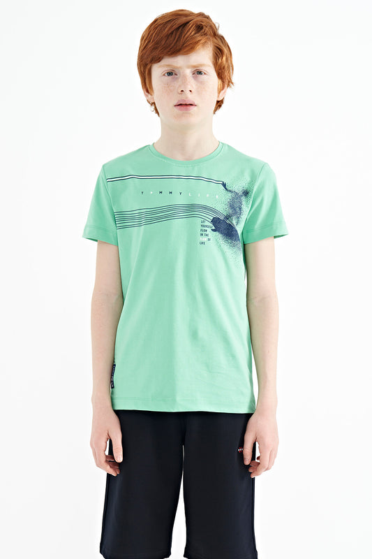 Mint Green Print Detailed Standard Mold O Collar Boys T-Shirt - 11133