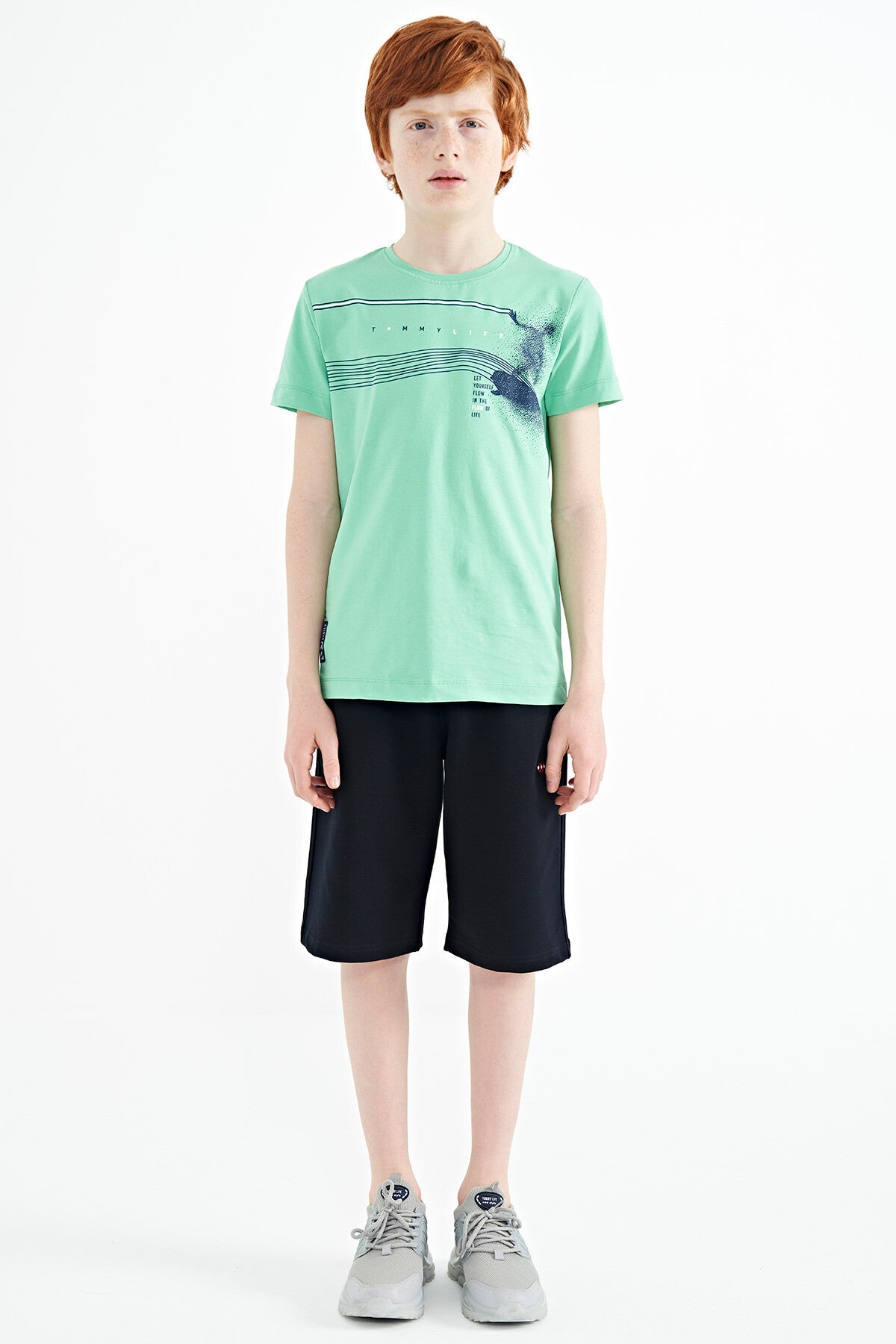 Mint Green Print Detailed Standard Mold O Collar Boys T-Shirt - 11133
