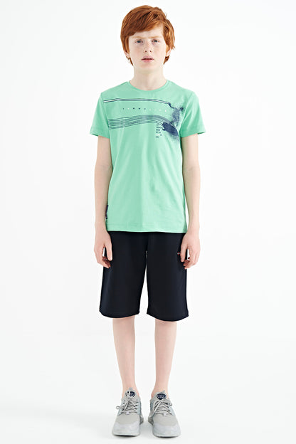 Mint Green Print Detailed Standard Mold O Collar Boys T-Shirt - 11133